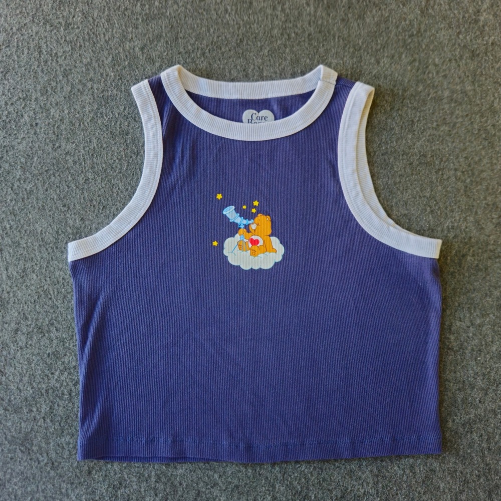 Care Bears Tank Top Womens XL Purple Ringer Ribbed Graphic Crop Y2K Kidcore 90s